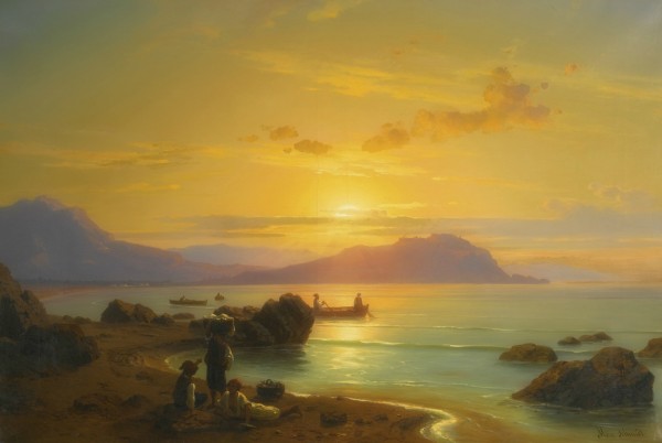 Sunny sea view with boats and figures by Max Schmidt